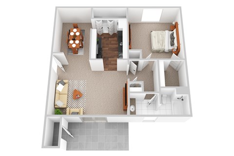 One bedroom apartment with a kitchen, living room, and bathroom.